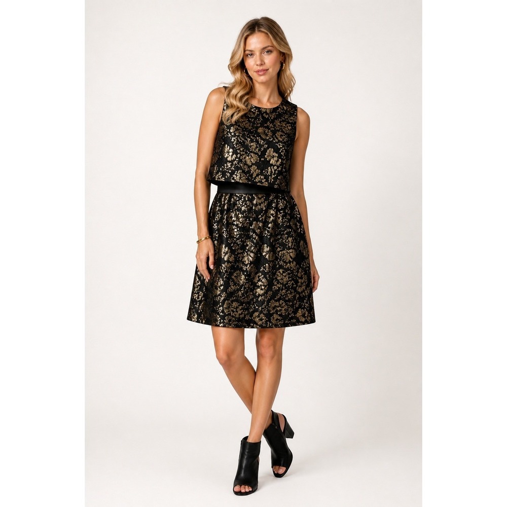 Festive Regency Baroque Women Dress 4 Black Gold Leaf Floral Evening Occasion